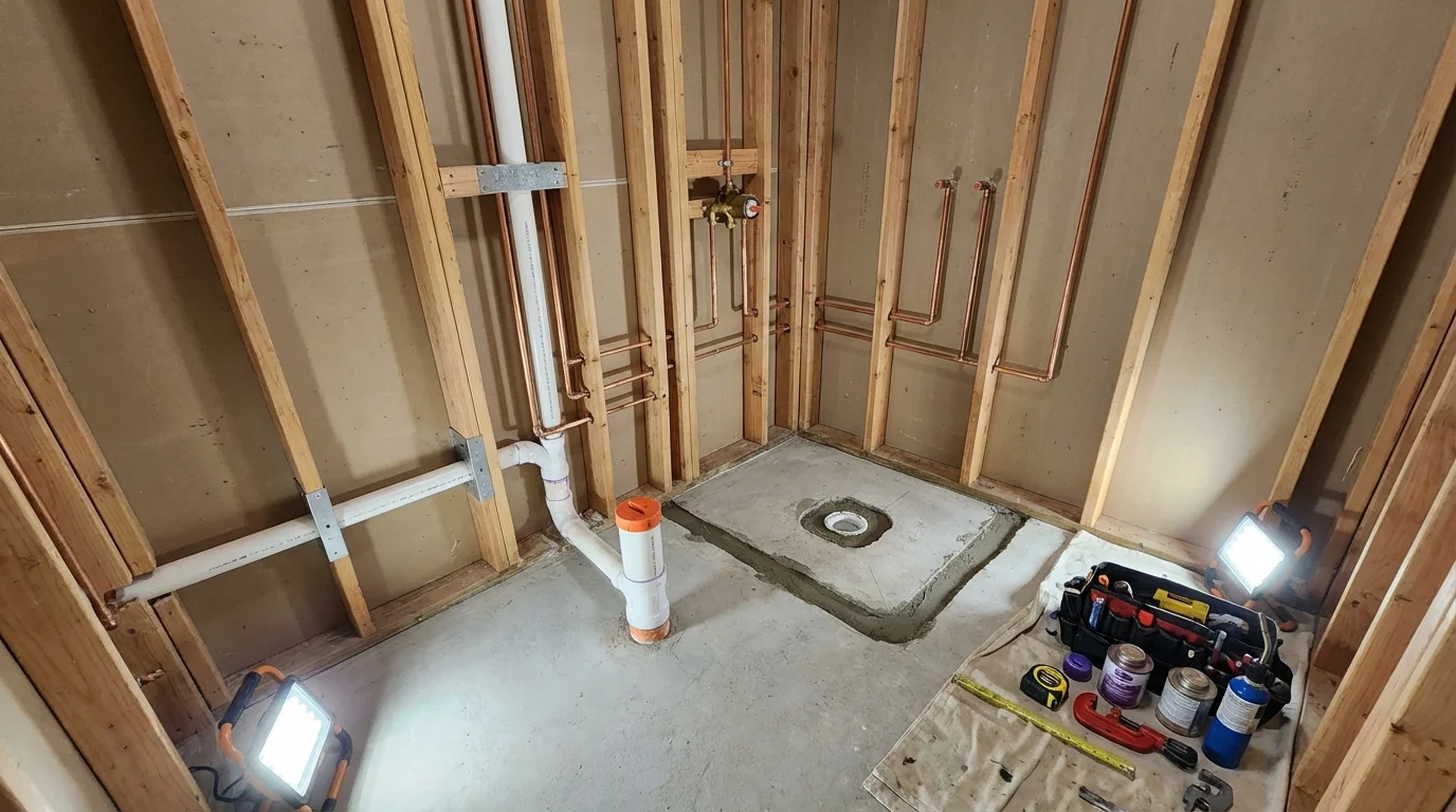 Bathroom rough-in plumbing during remodel by Johns Plumbing LLC in Happy Camp