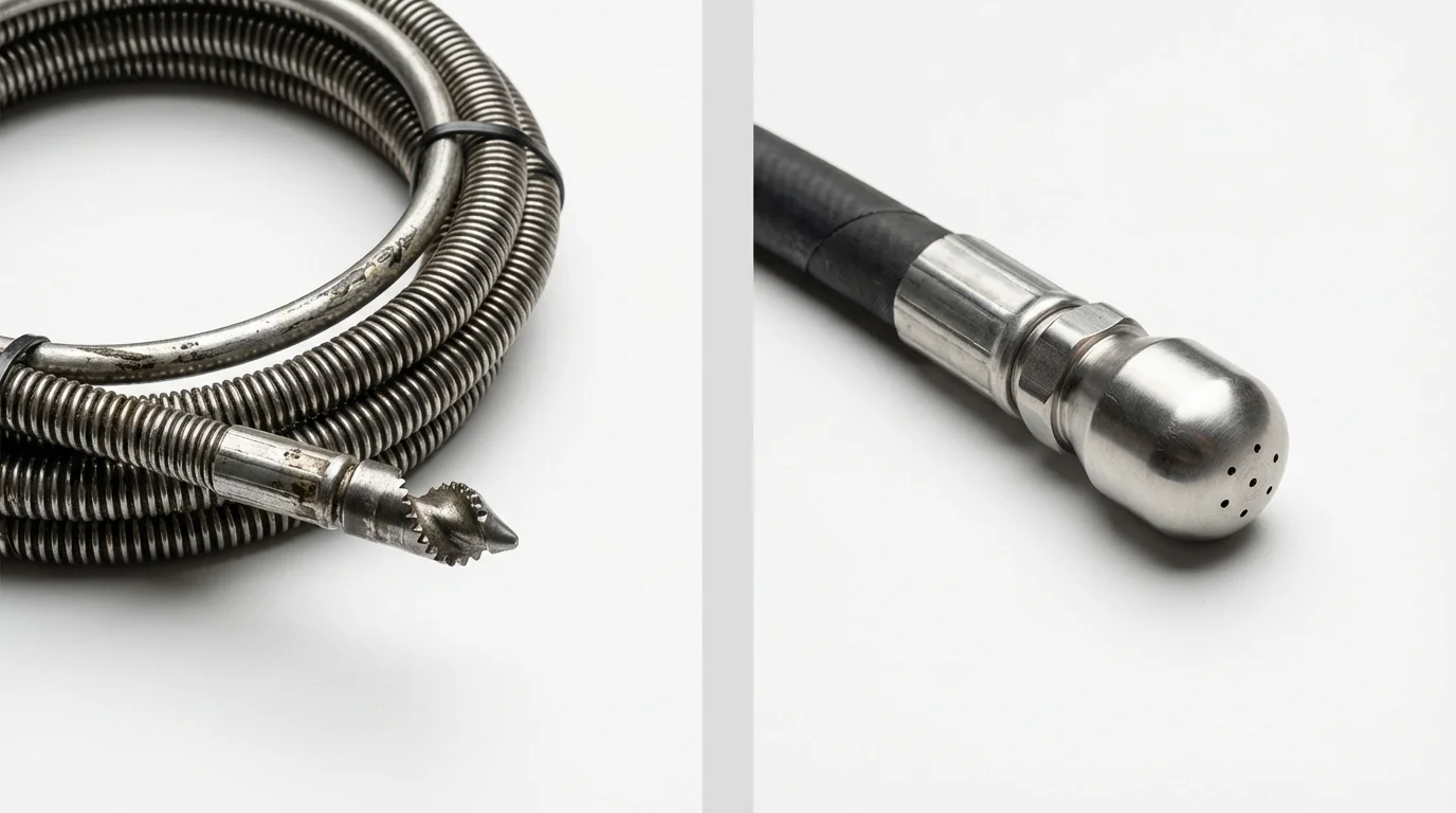 Drain snake cable and hydro jetting nozzle used for drain cleaning in Happy Camp, CA