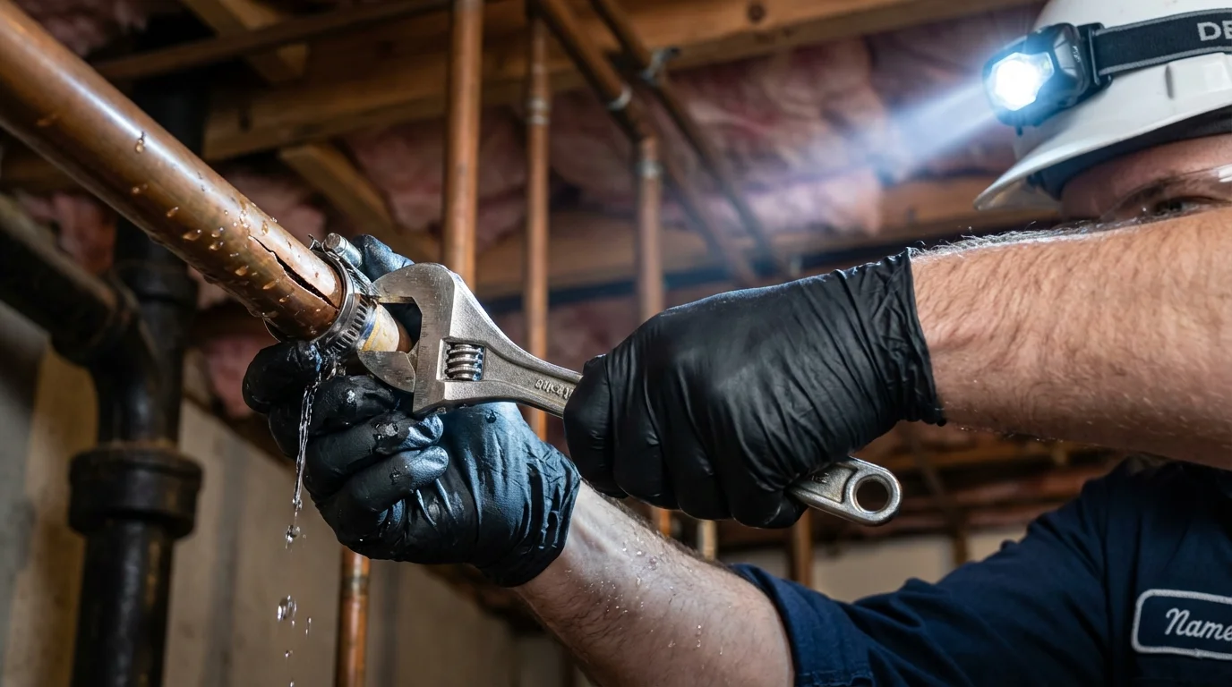 Emergency pipe clamp repair being performed by a Johns Plumbing LLC plumber in Happy Camp