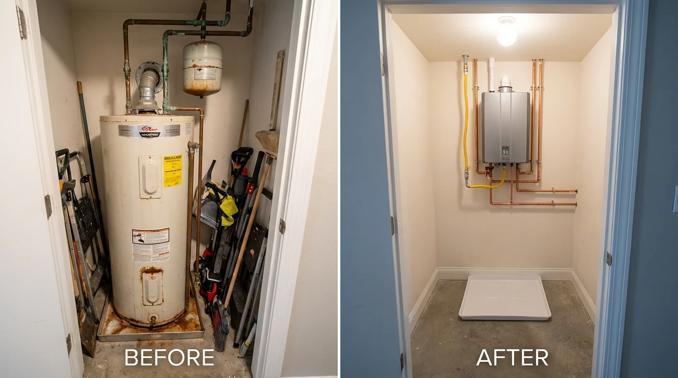 Tank water heater versus wall-mounted tankless unit comparison for Happy Camp, CA homeowners