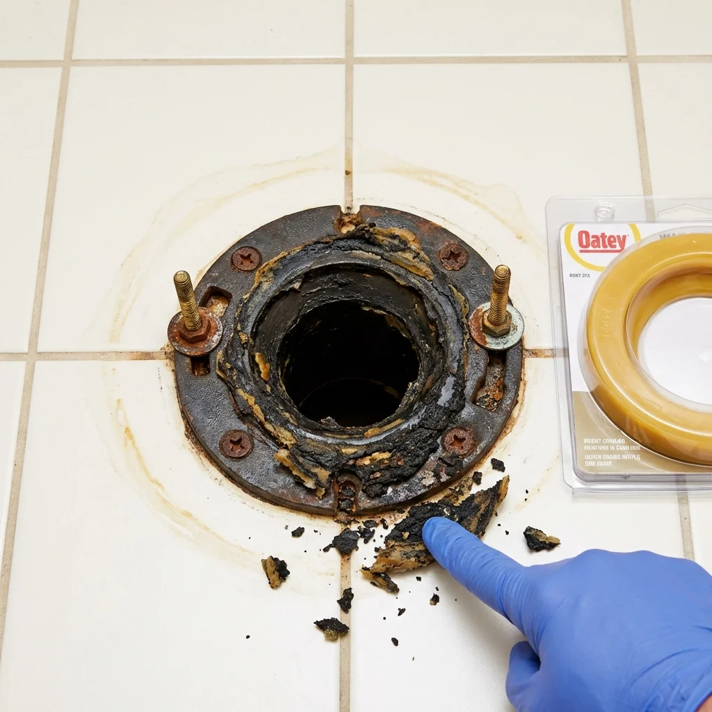 Failed wax ring showing water seepage at the base of a toilet in a Happy Camp, CA home