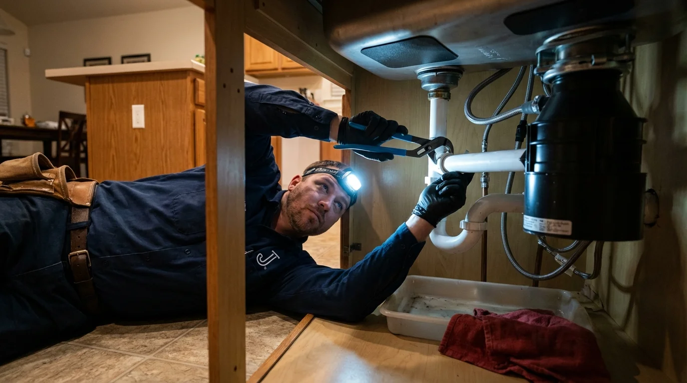 P-trap and supply line connections under a kitchen sink showing a common leak point in Happy Camp, CA